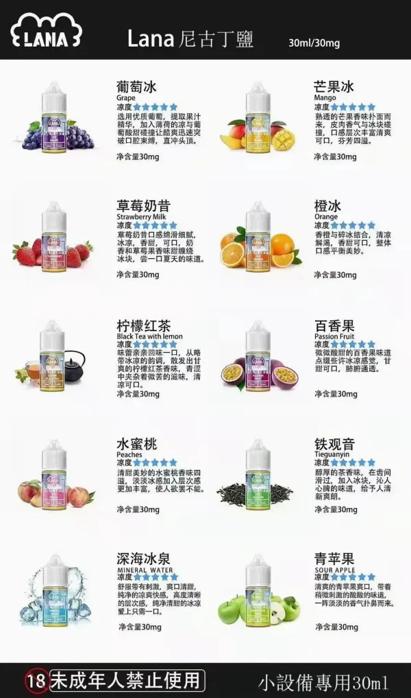 LANA 拉娜 電子煙油 尼古丁鹽煙油 多層次風味設計 口感順滑細膩 日常搭配電子煙設備使用 玩家風味推薦 台灣現貨