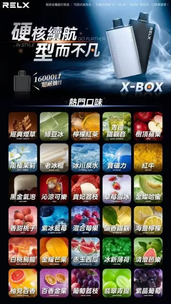 RELX-悅刻-X-BOX-16000口拋棄式電子煙-風味圖 RELX 悅刻 X-BOX 16000口換彈式電子煙套裝 便攜輕巧機身 雙段功率調節 外出使用推薦 台灣現貨